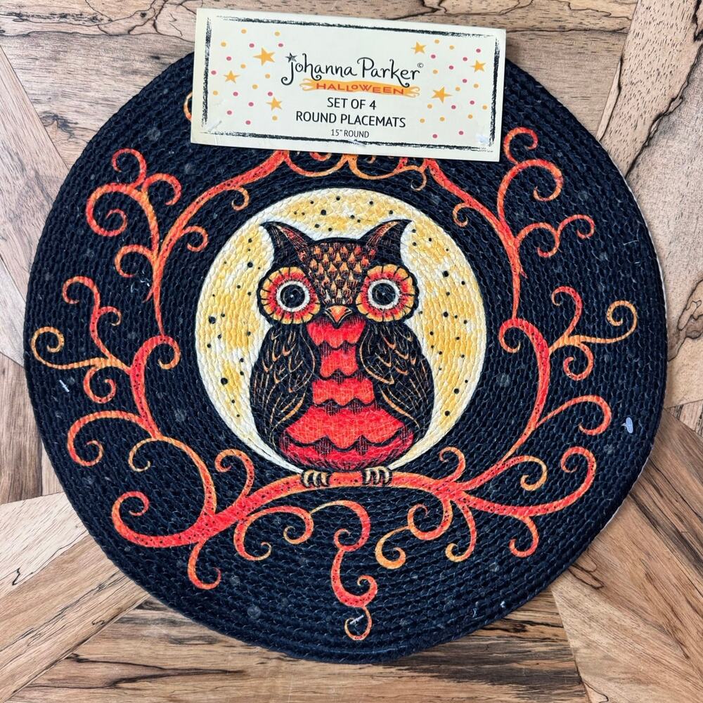 Johanna Parker Halloween Placemats Set of 4 Round 15" Braided Owl Moon NWT
